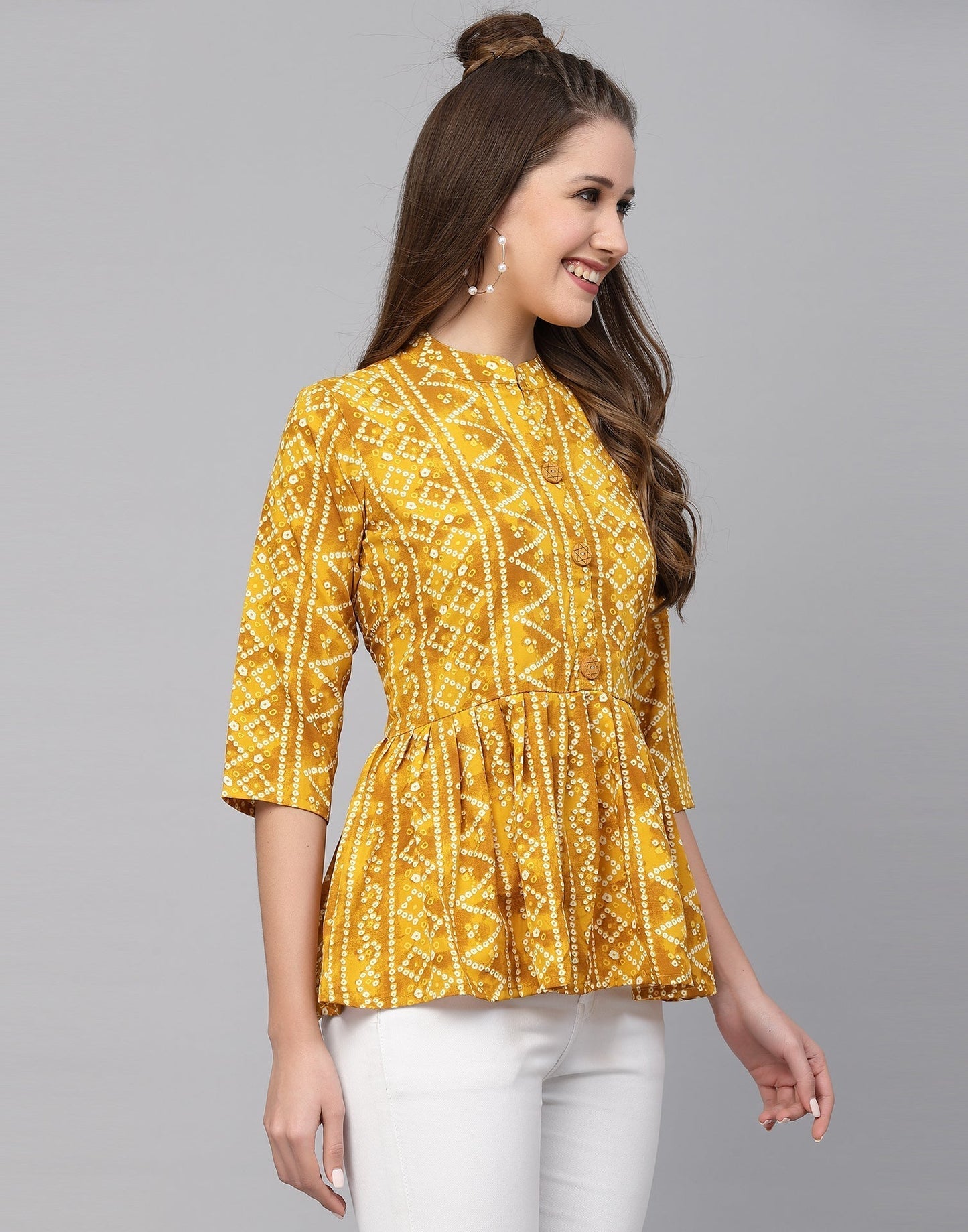 Yellow Gathered Bandhani Printed Top 