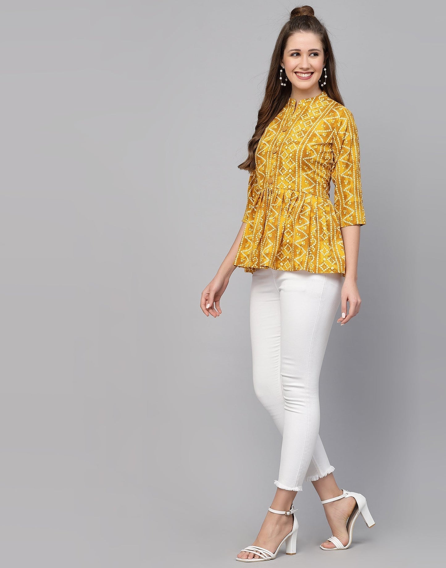 Yellow Gathered Bandhani Printed Top 