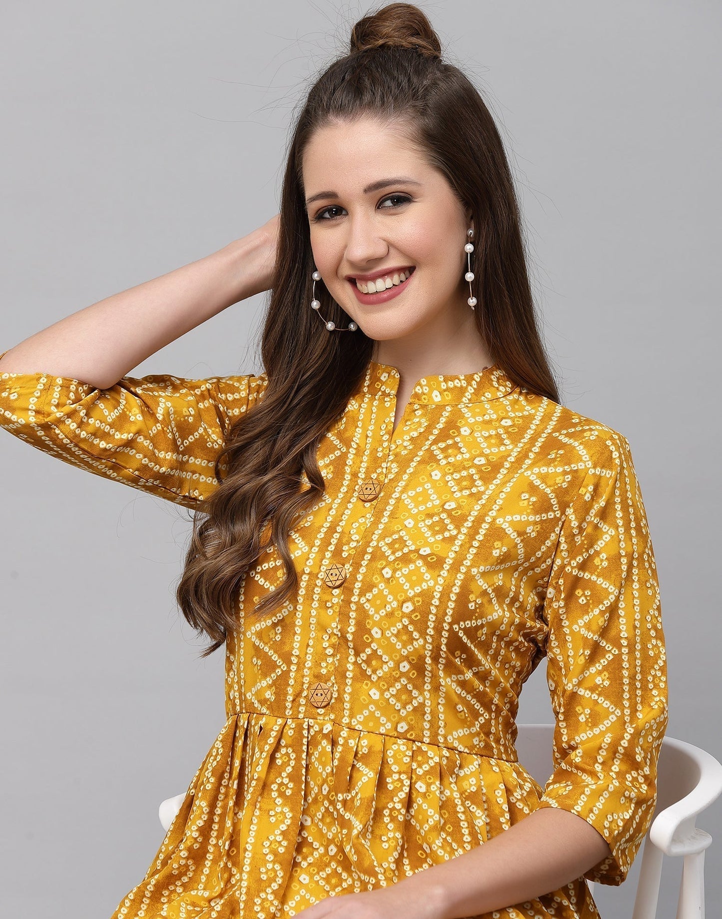 Yellow Gathered Bandhani Printed Top 