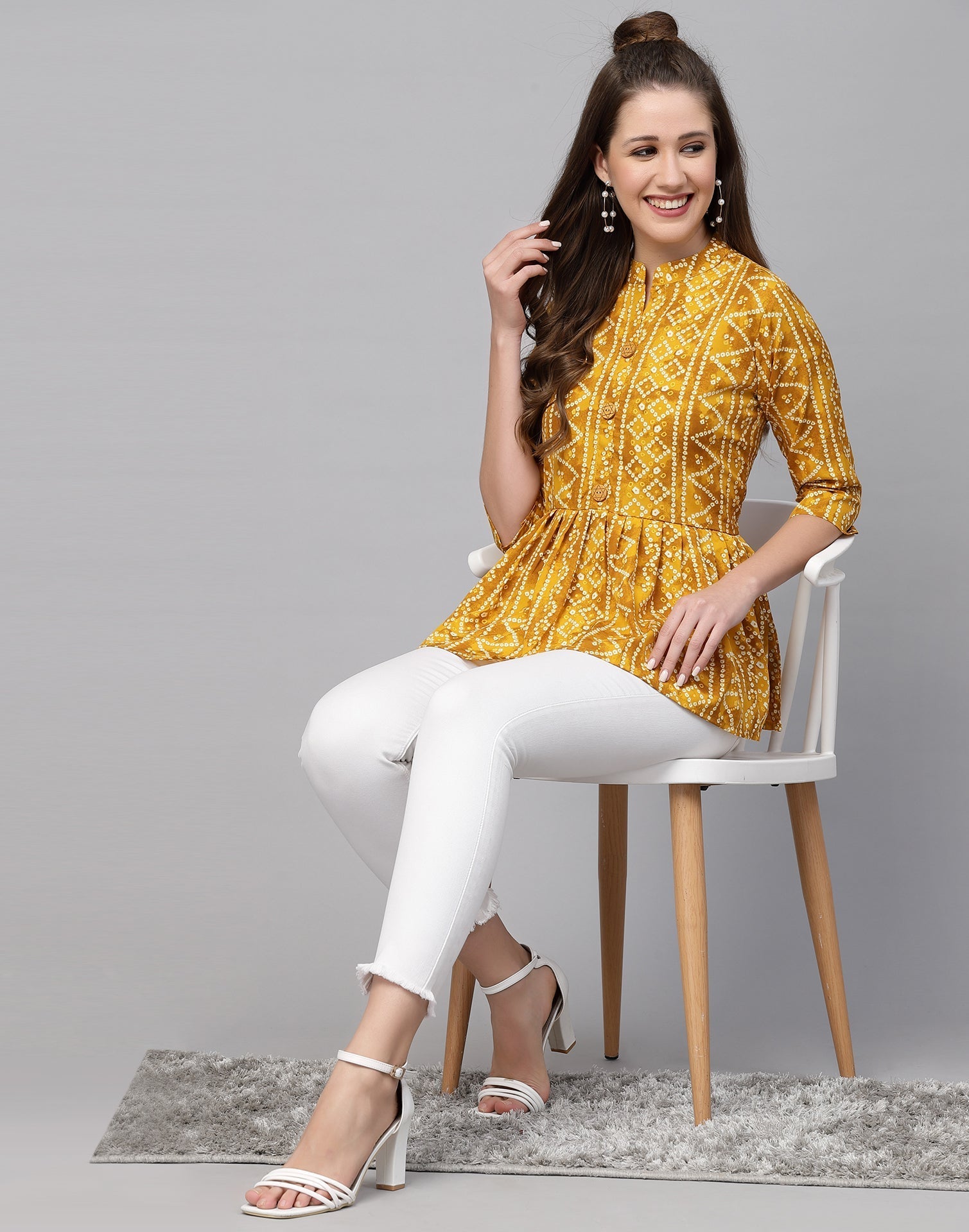 Yellow Gathered Bandhani Printed Top 