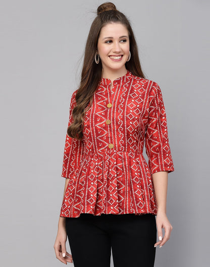 Red Gathered Bandhani Printed Top 