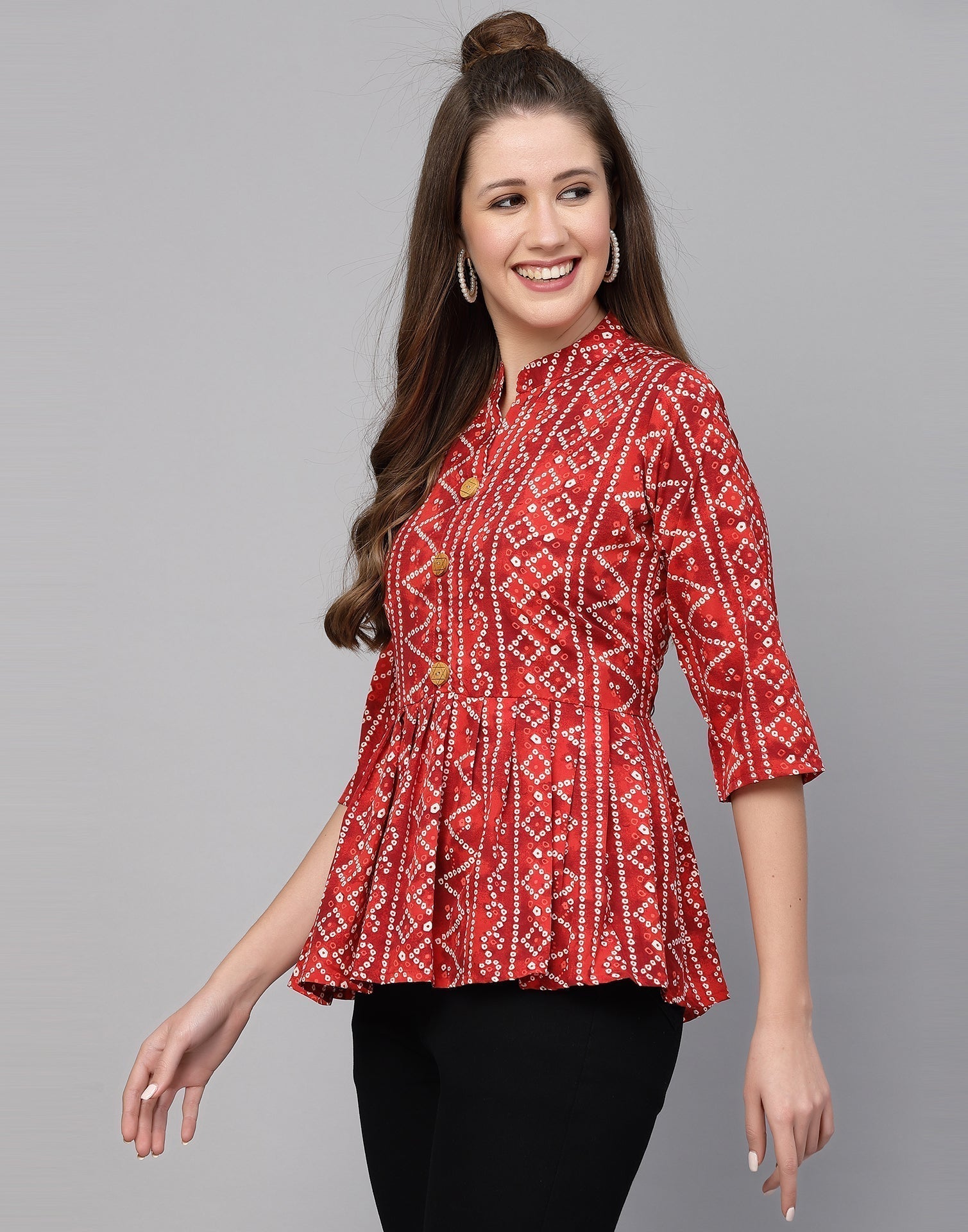 Red Gathered Bandhani Printed Top 