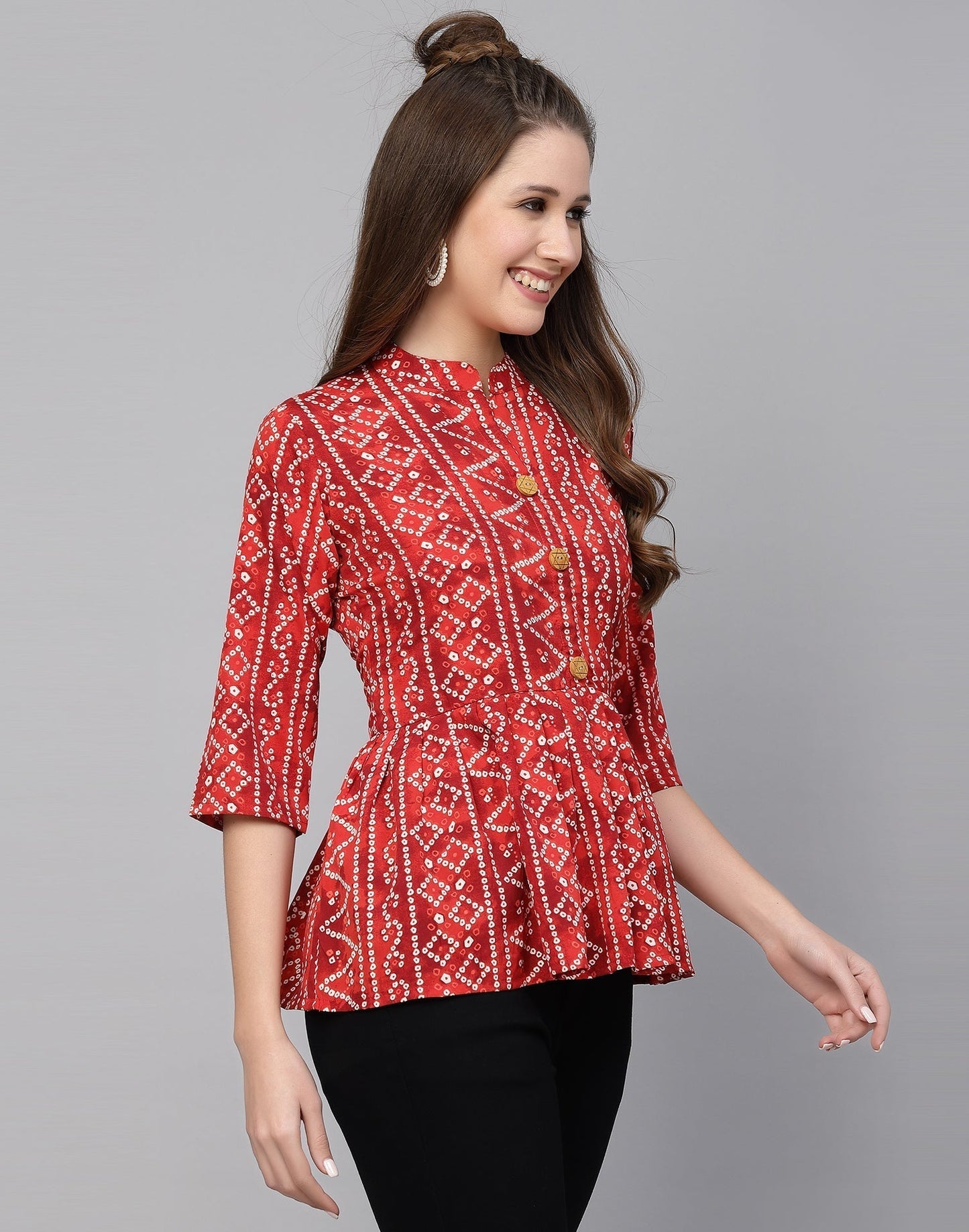 Red Gathered Bandhani Printed Top 