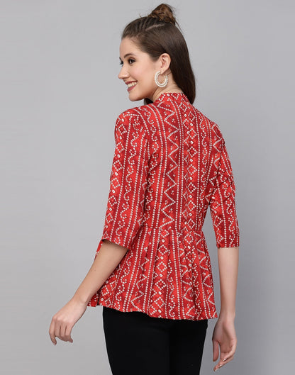 Red Gathered Bandhani Printed Top 