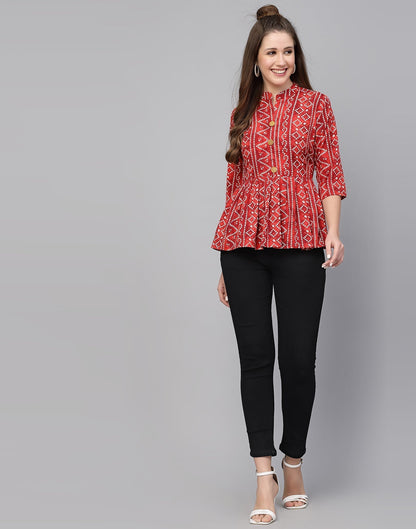 Red Gathered Bandhani Printed Top 