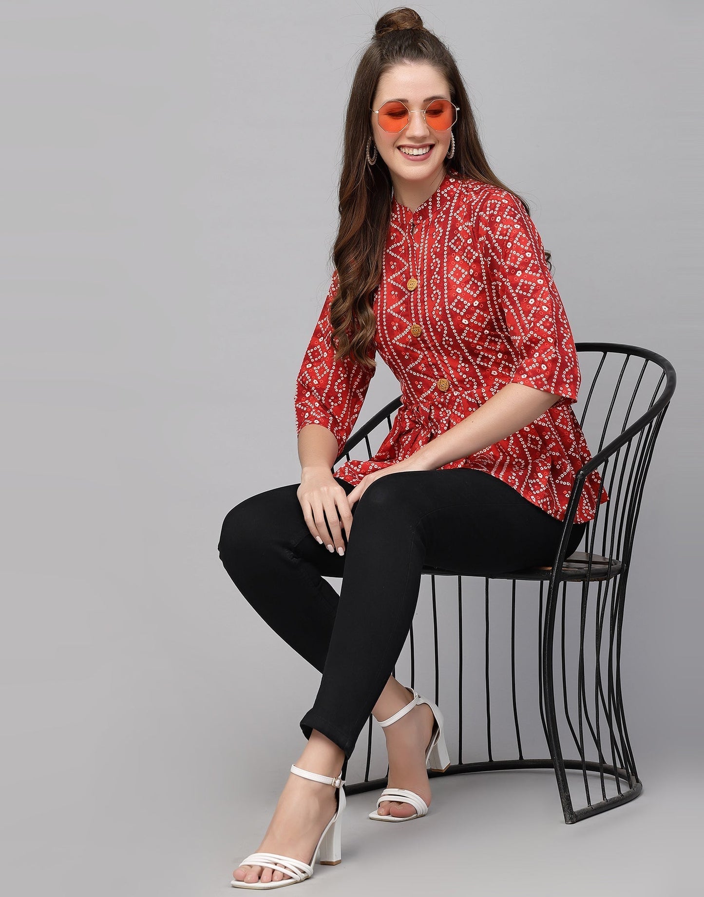 Red Gathered Bandhani Printed Top 