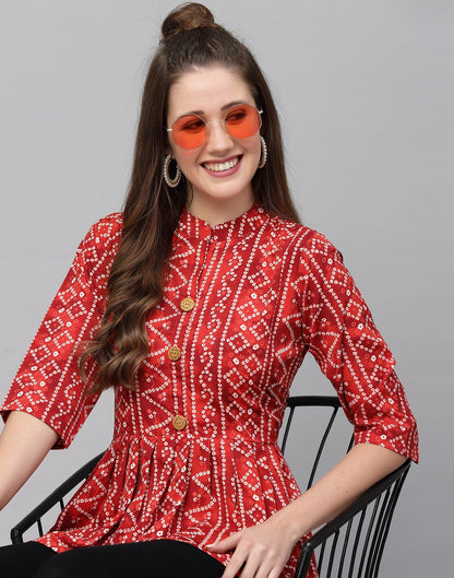 Red Gathered Bandhani Printed Top 