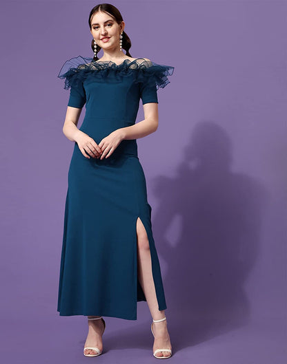 Teal Ruffle Sleeves Slit Dress