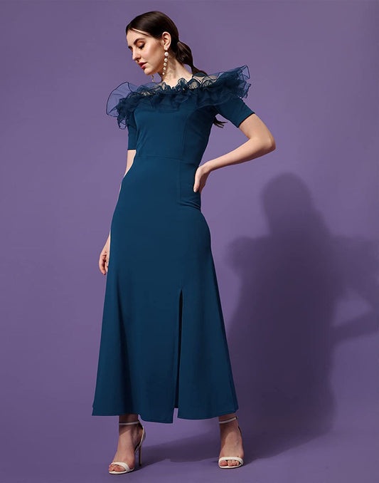 Teal Ruffle Sleeves Slit Dress