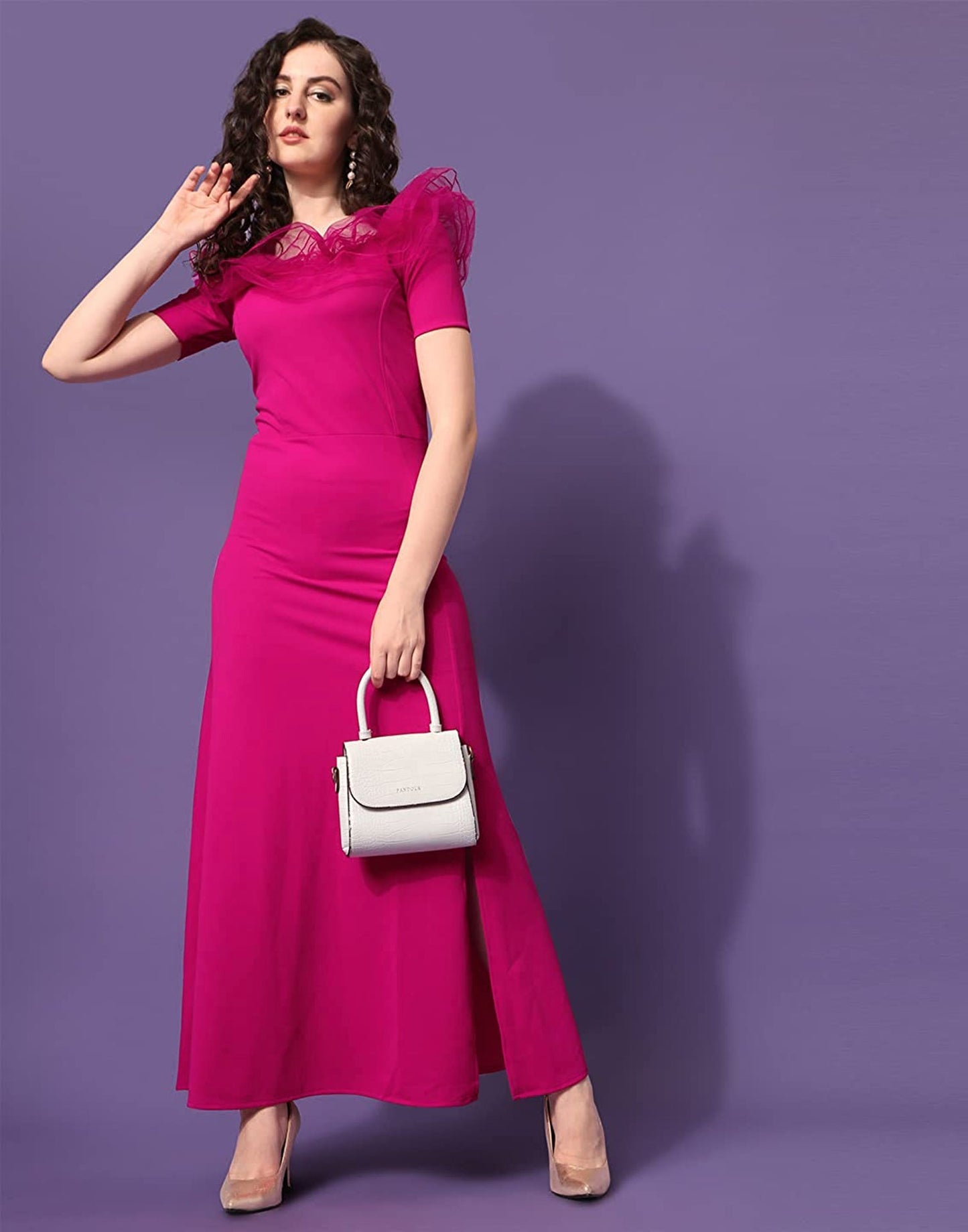 Pink Ruffle Sleeves Slit Dress