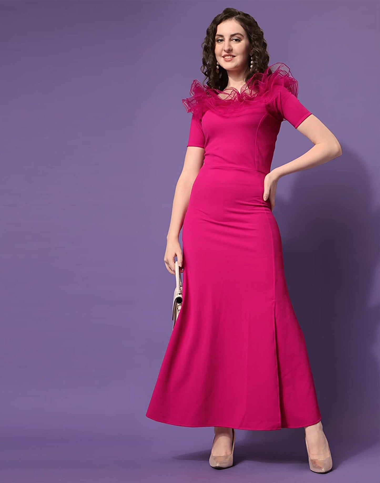 Pink Ruffle Sleeves Slit Dress