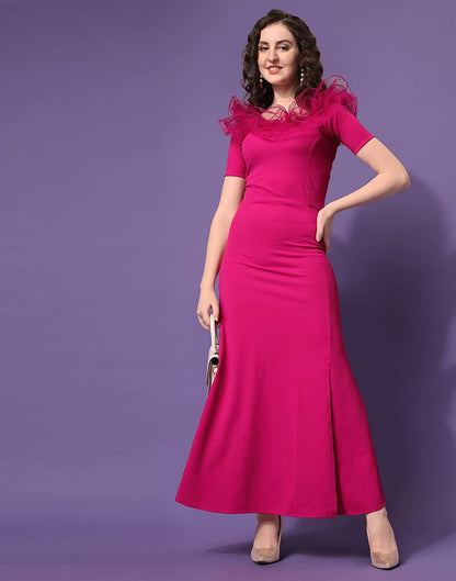 Pink Ruffle Sleeves Slit Dress