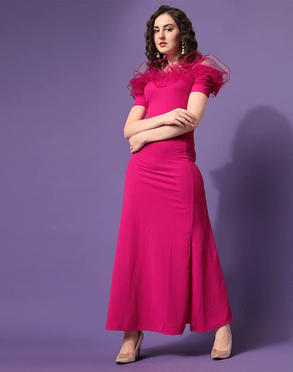 Pink Ruffle Sleeves Slit Dress