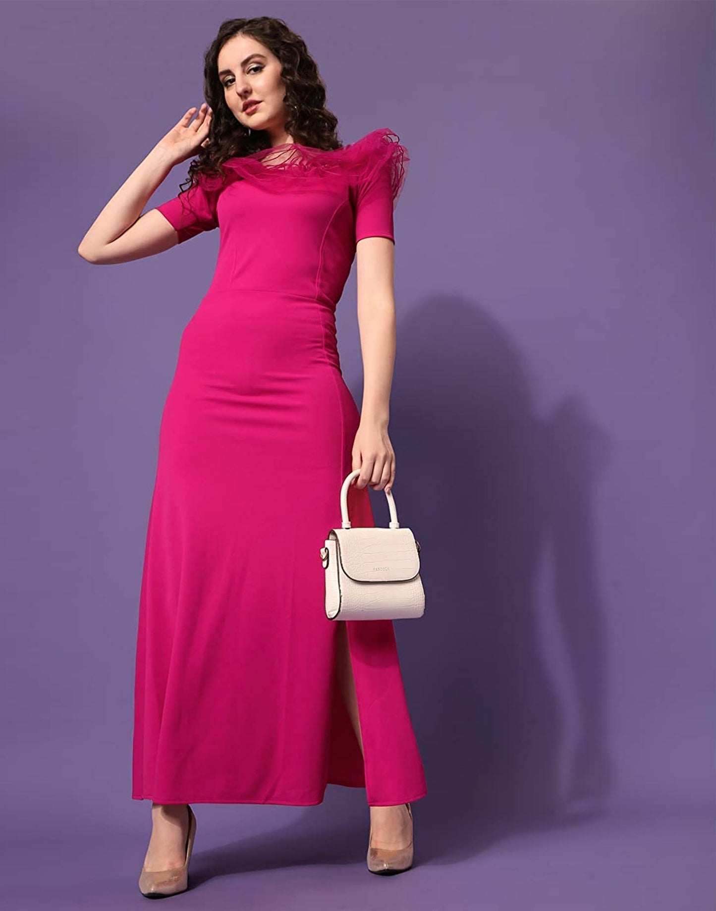 Pink Ruffle Sleeves Slit Dress