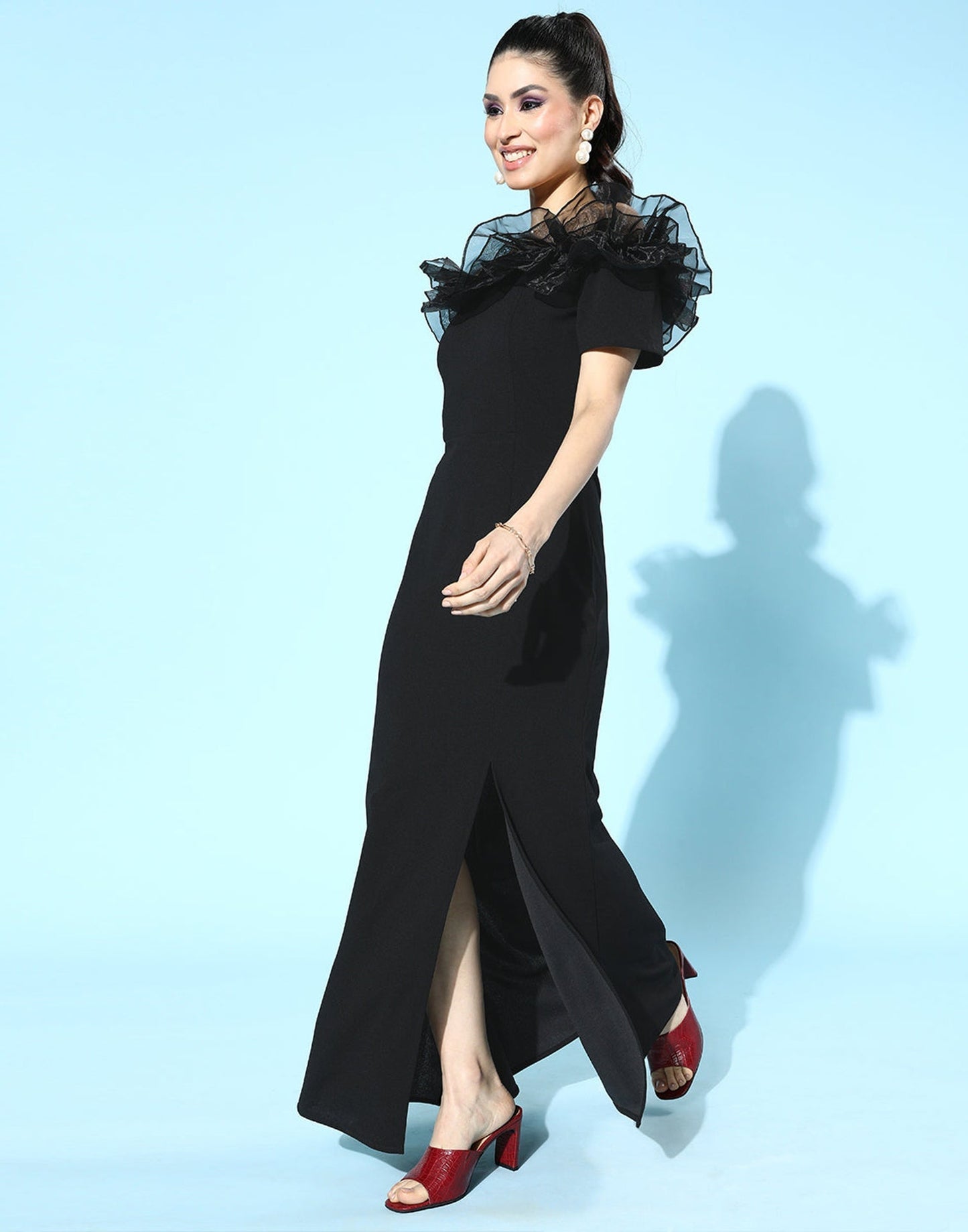 Black Ruffle Sleeves Slit Dress