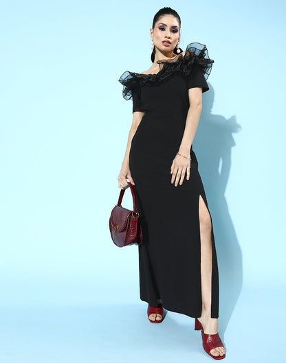 Black Ruffle Sleeves Slit Dress