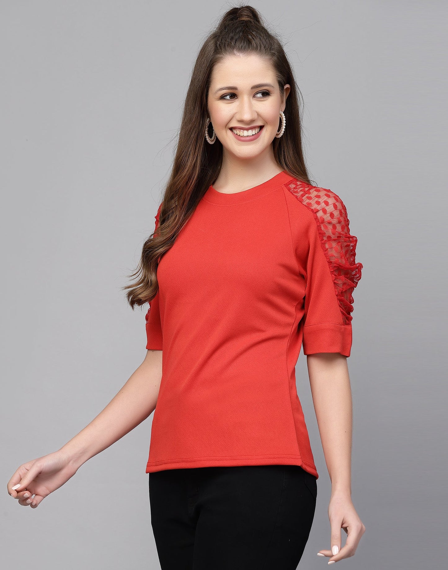 Red Lycra Balloon sleeve self design Top 