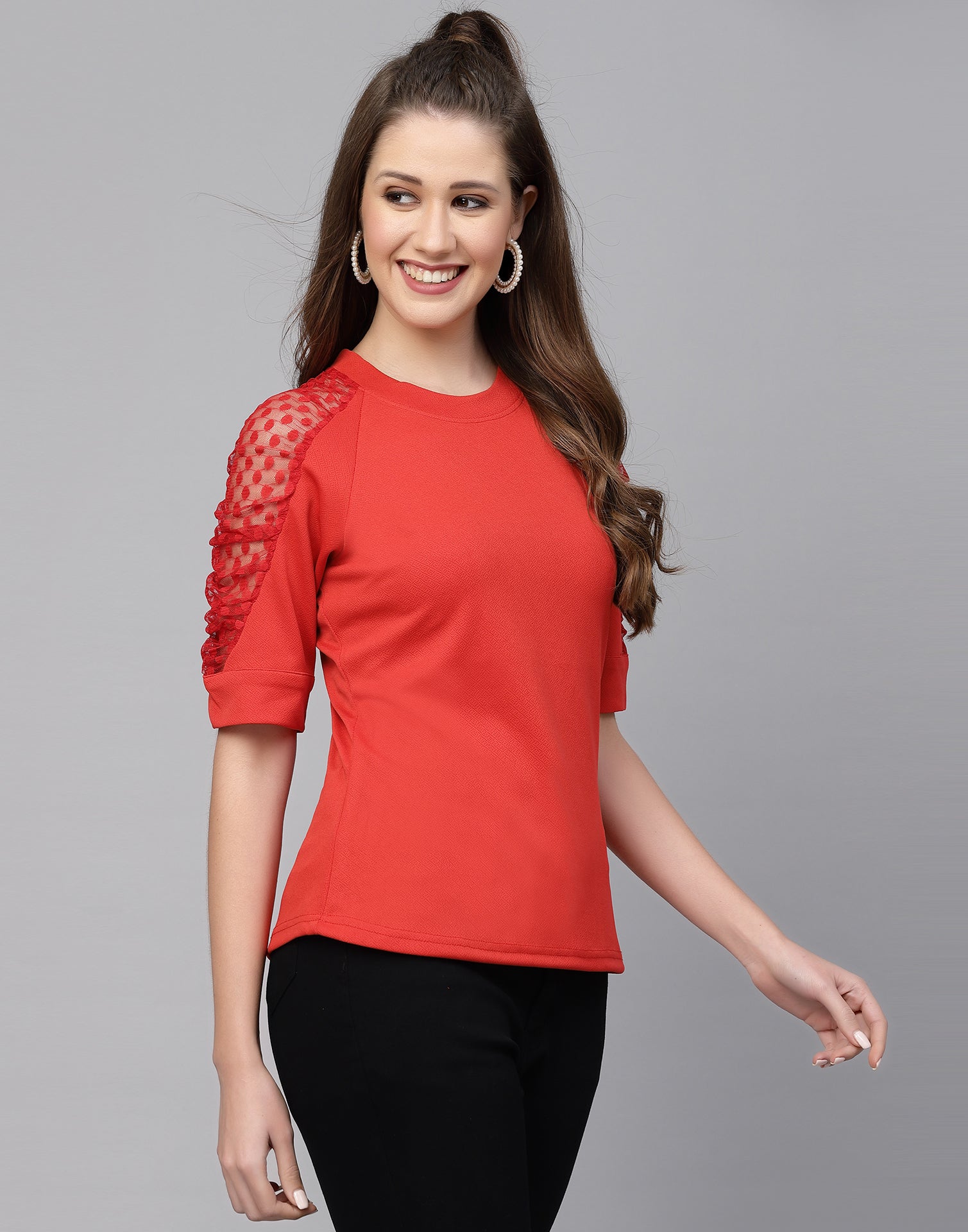 Red Lycra Balloon sleeve self design Top 