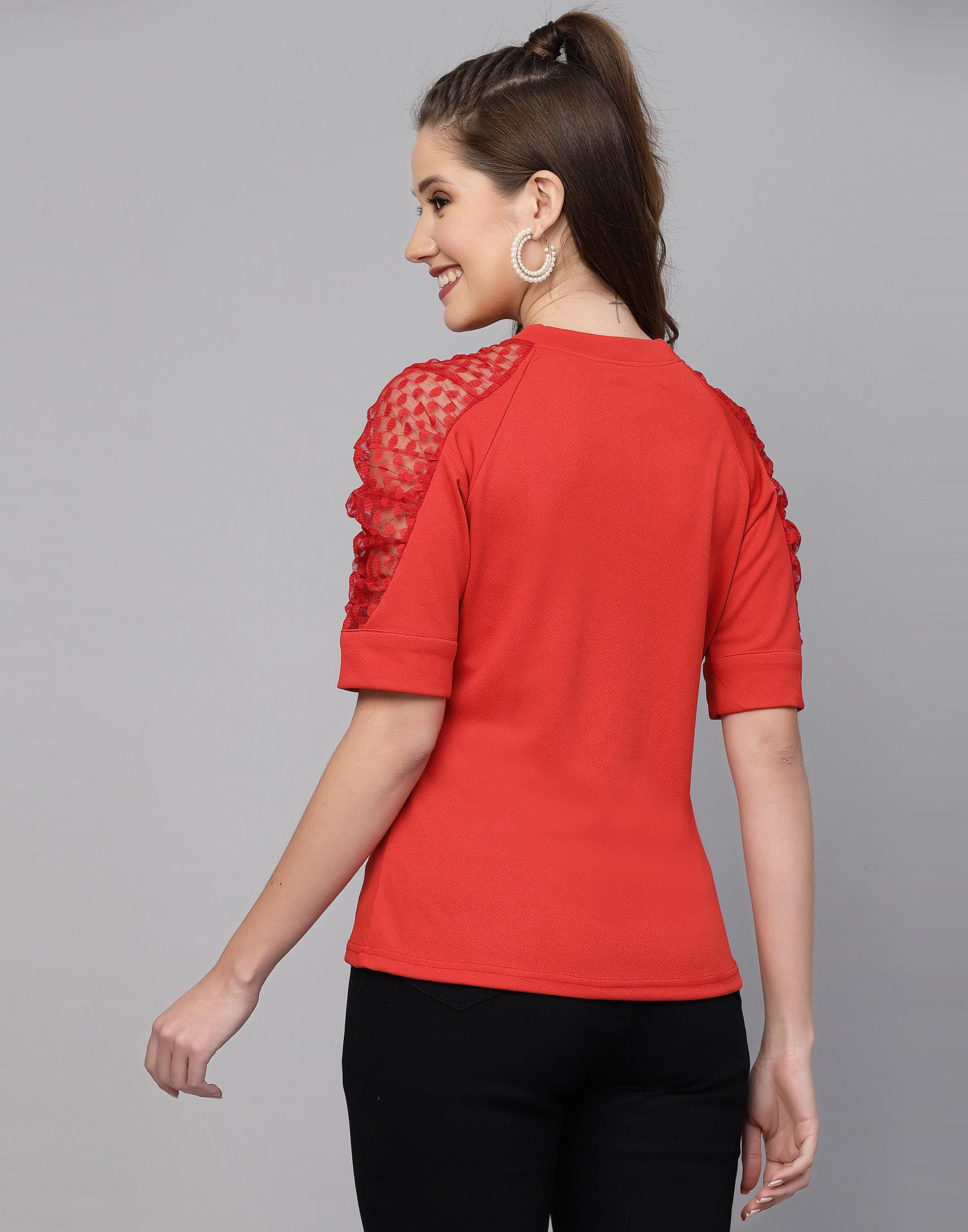 Red Lycra Balloon sleeve self design Top 