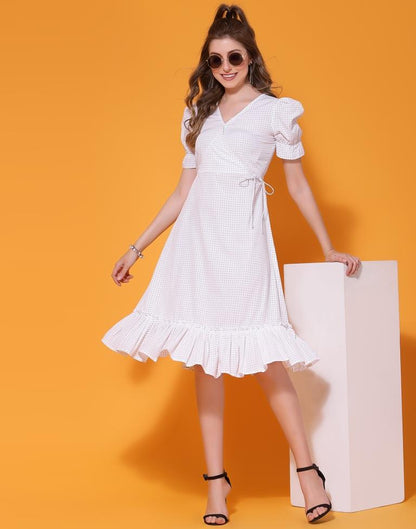 White Printed Puff Sleeve Flared Dress