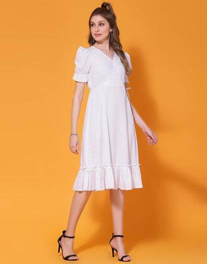 White Printed Puff Sleeve Flared Dress