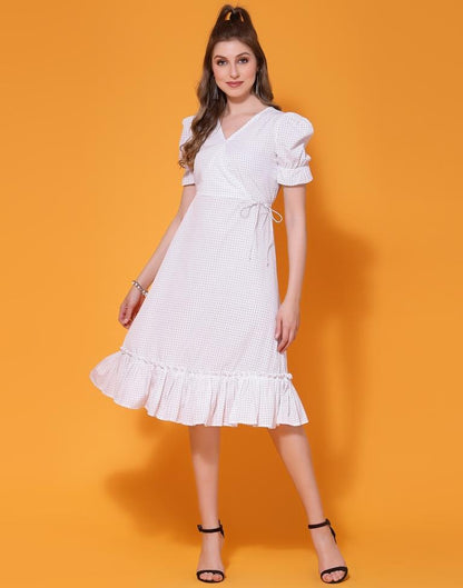 White Printed Puff Sleeve Flared Dress