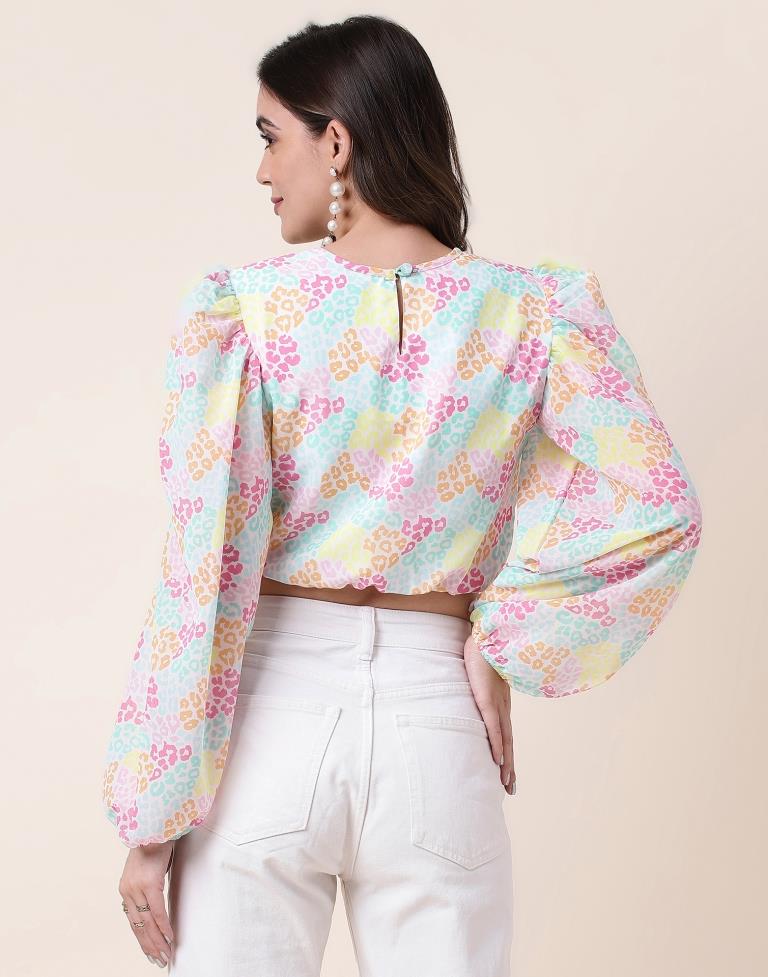 Multicoloured Printed Long Sleeve Crop Top 