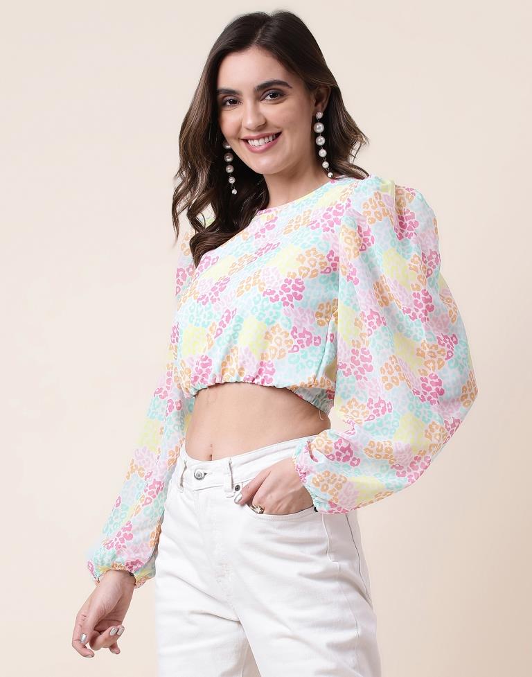 Multicoloured Printed Long Sleeve Crop Top 