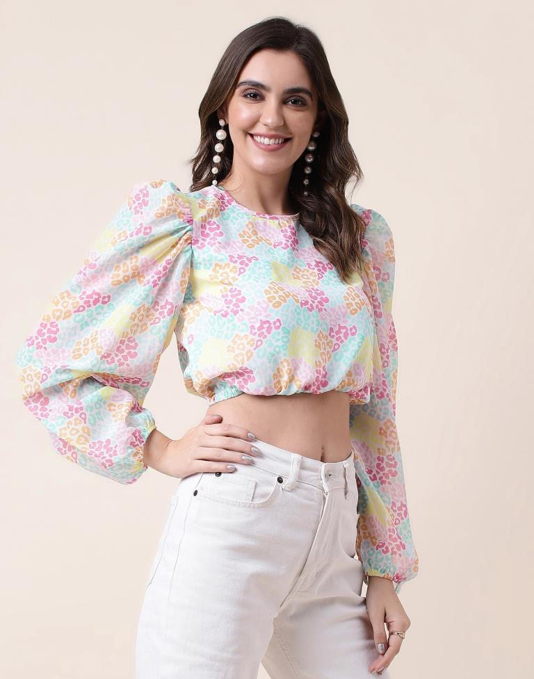 Multicoloured Printed Long Sleeve Crop Top 