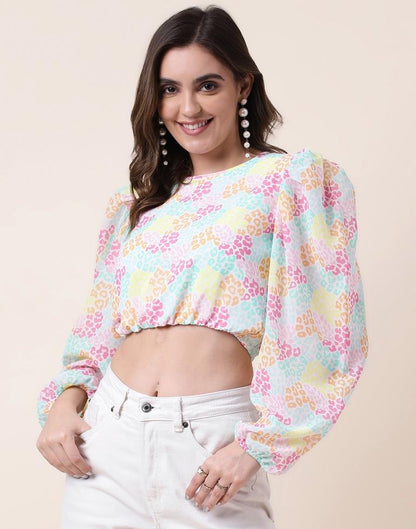 Multicoloured Printed Long Sleeve Crop Top 