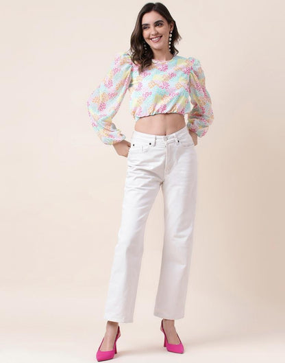 Multicoloured Printed Long Sleeve Crop Top 