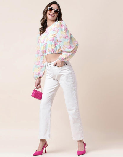 Multicoloured Printed Long Sleeve Crop Top 