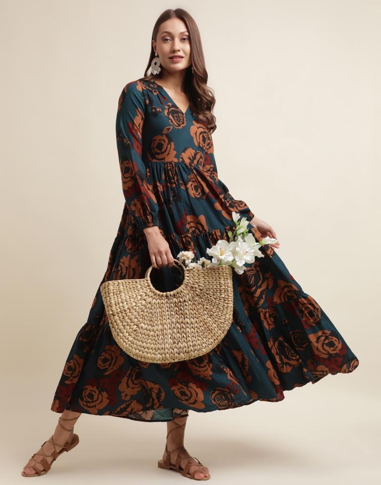 Navy Blue Floral Printed Flared Dress