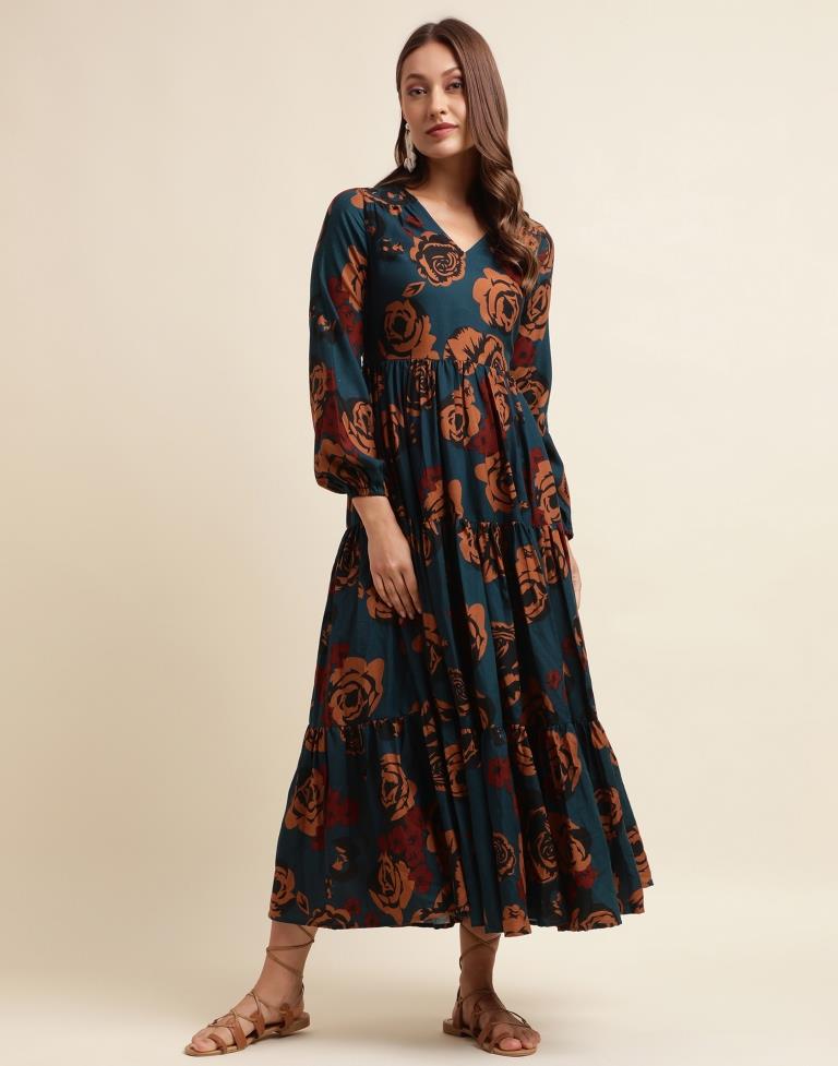 Navy Blue Floral Printed Flared Dress