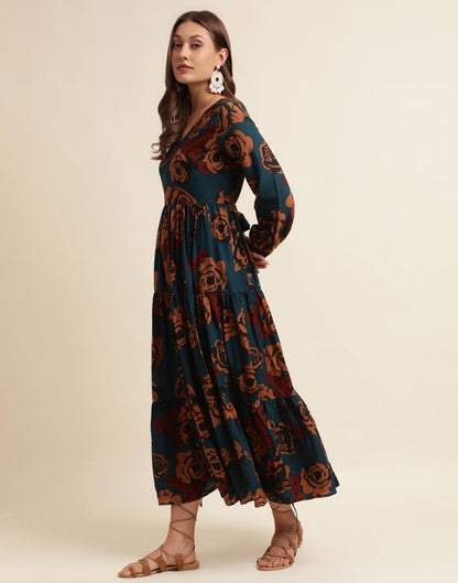 Navy Blue Floral Printed Flared Dress