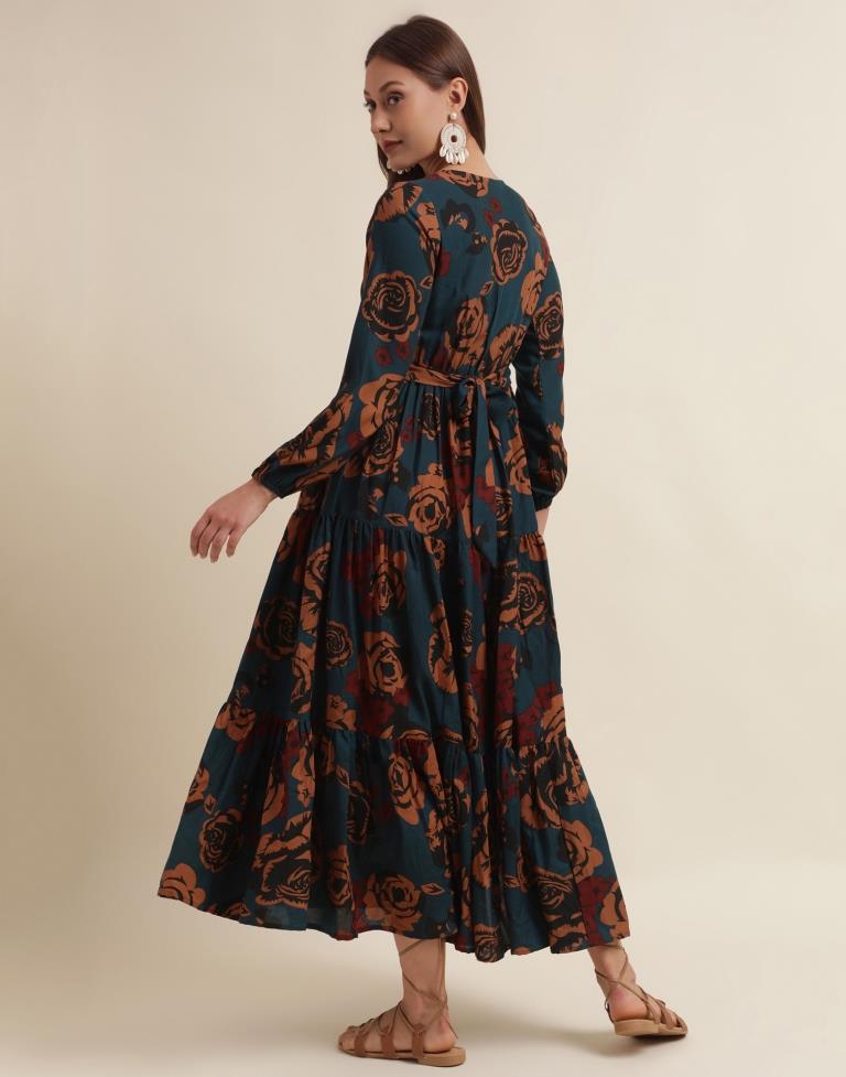 Navy Blue Floral Printed Flared Dress