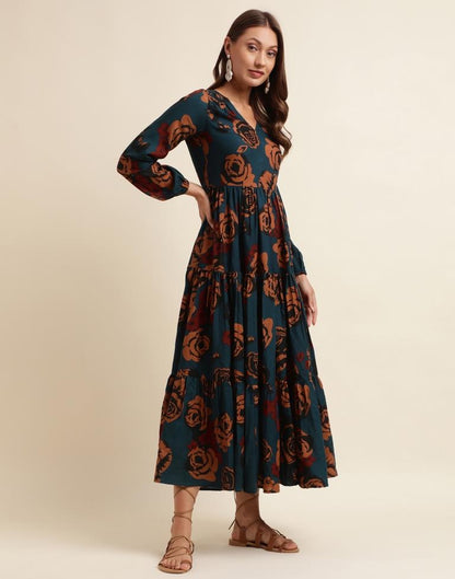 Navy Blue Floral Printed Flared Dress