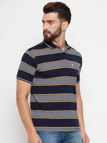 UNIBERRY Men Striped Polo Neck Cotton Blend Navy Blue T-Shirt