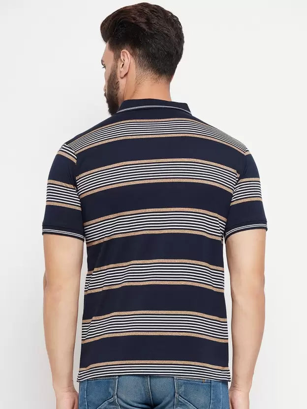 UNIBERRY Men Striped Polo Neck Cotton Blend Navy Blue T-Shirt