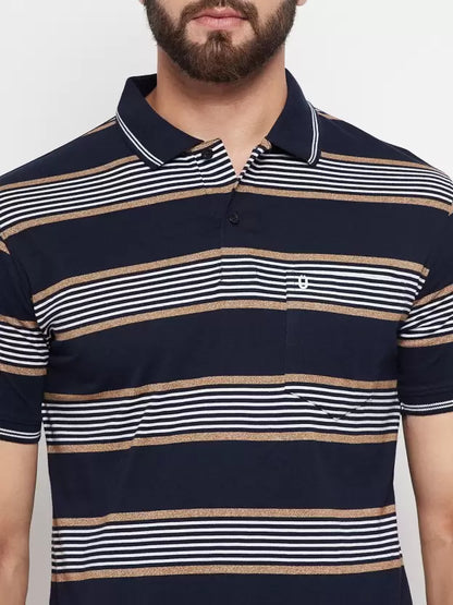 UNIBERRY Men Striped Polo Neck Cotton Blend Navy Blue T-Shirt