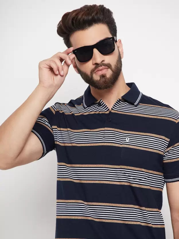 UNIBERRY Men Striped Polo Neck Cotton Blend Navy Blue T-Shirt