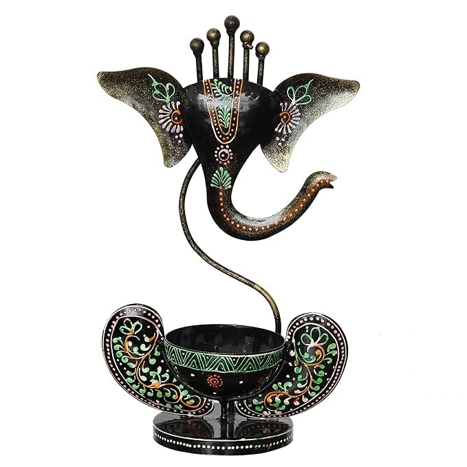 Kraphy Green Ganesha Ji Iron Table Decorative showpiece Tealight Candle Holder 