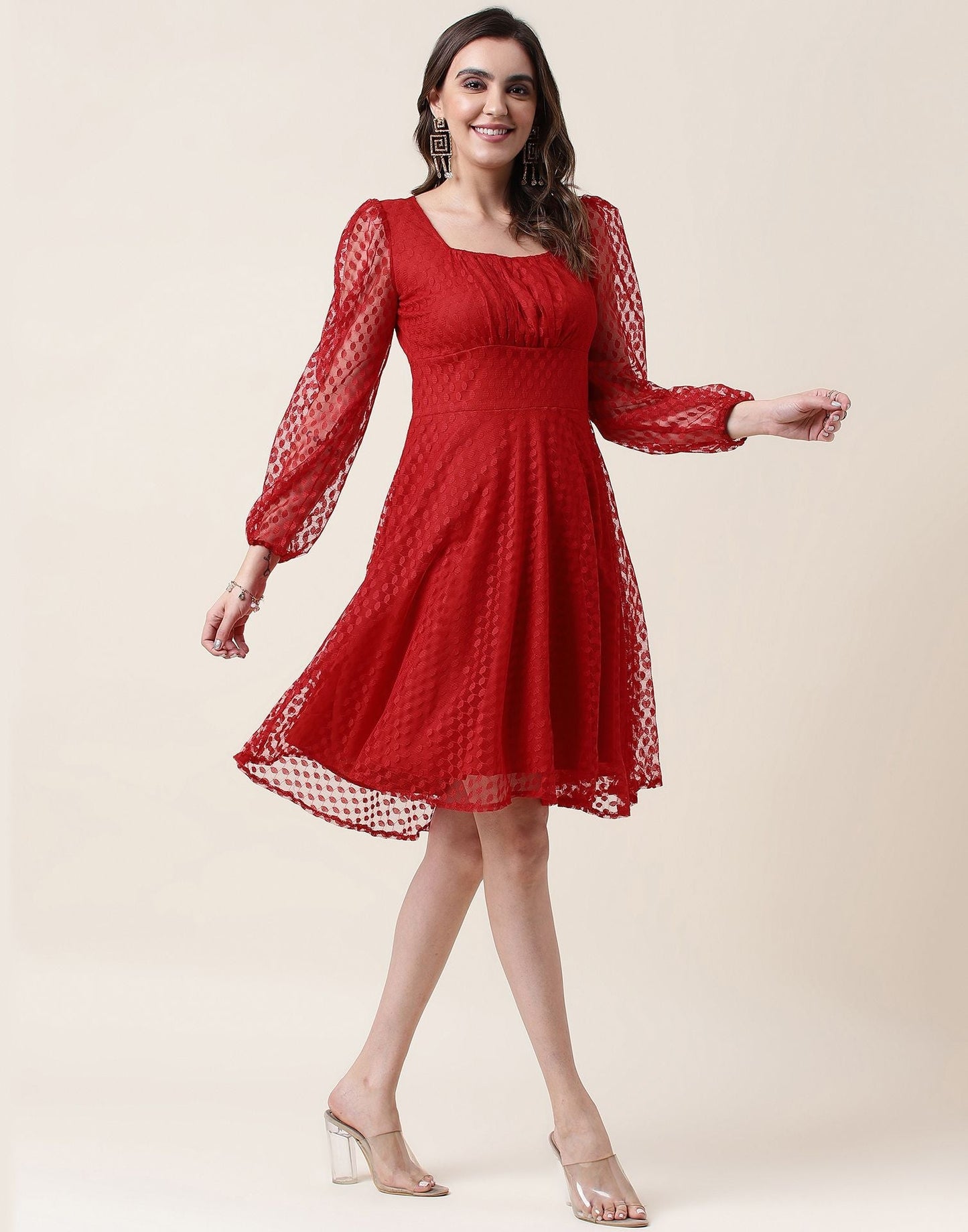 Red A-Line Plain Dress