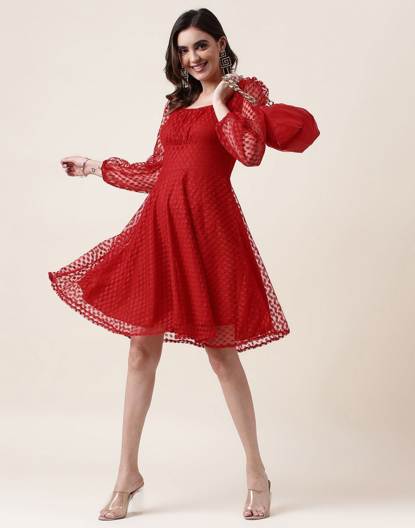 Red A-Line Plain Dress