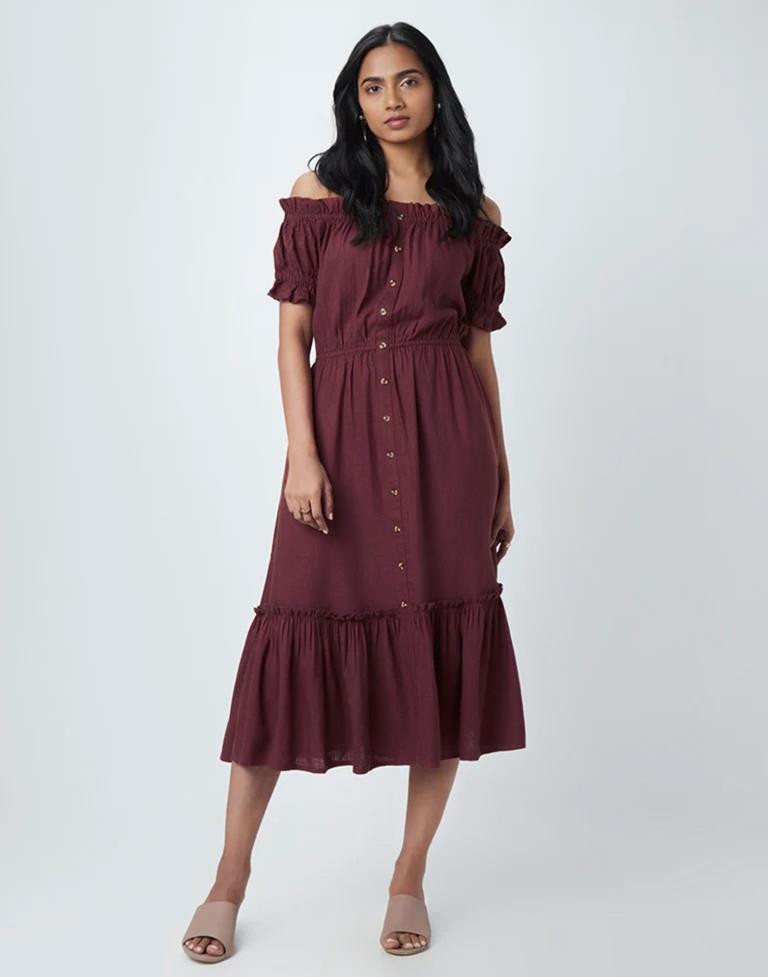 Maroon Plain Flared Dress