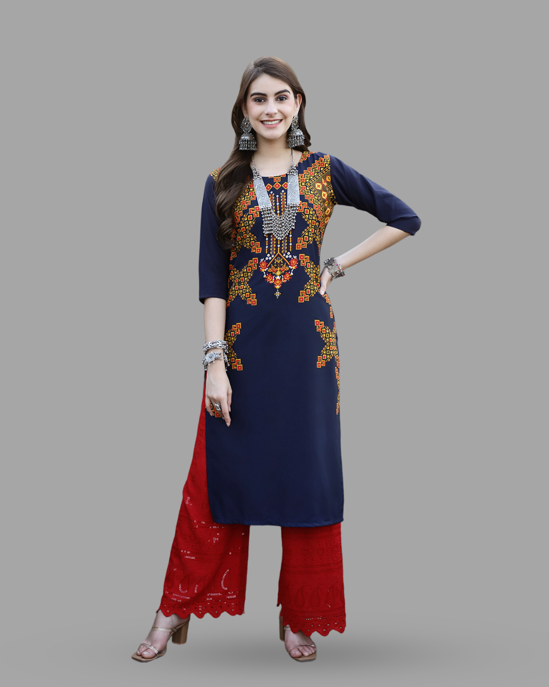 Navy Blue Printed Kurta 