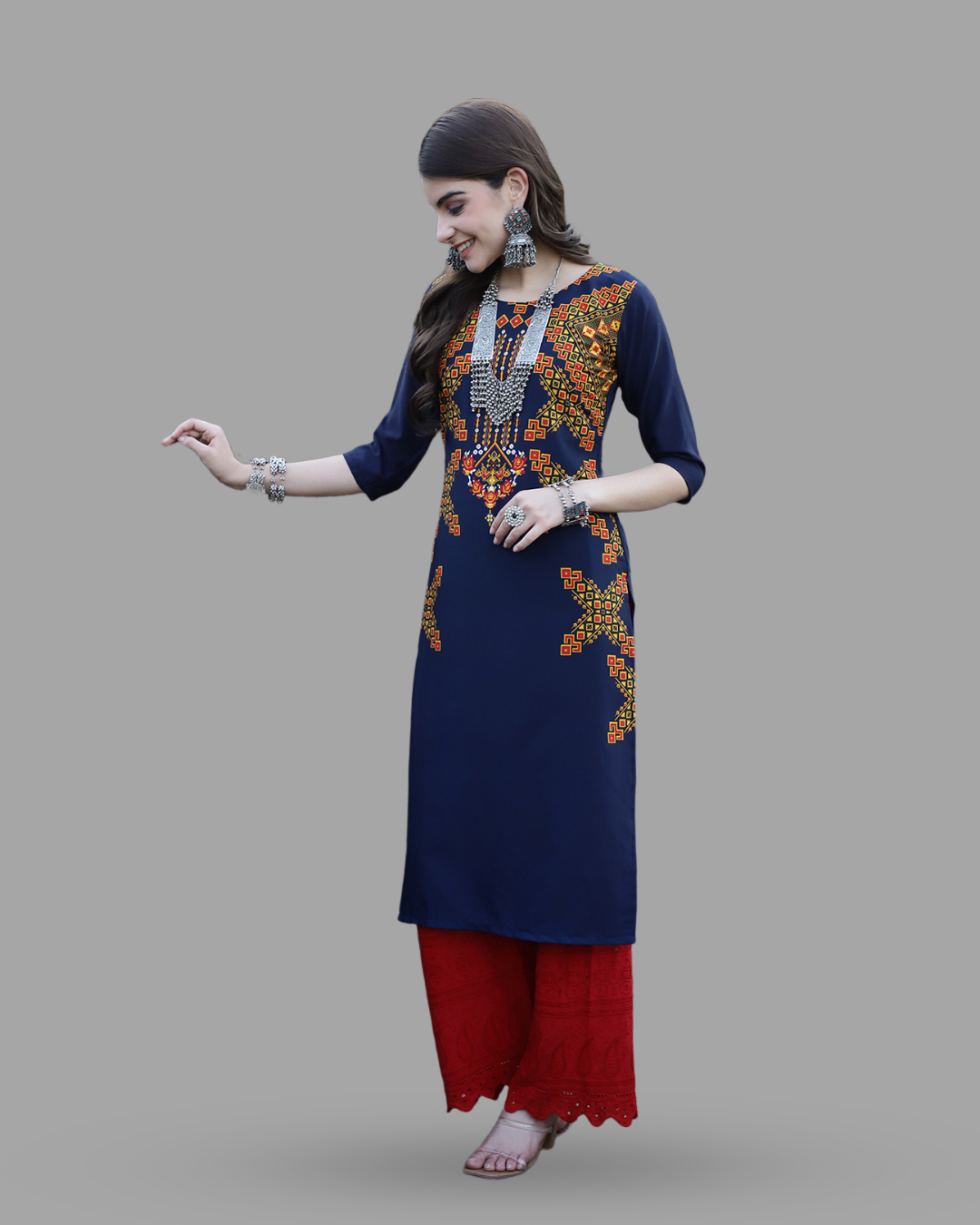 Navy Blue Printed Kurta 