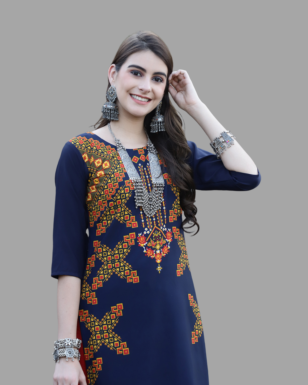 Navy Blue Printed Kurta 