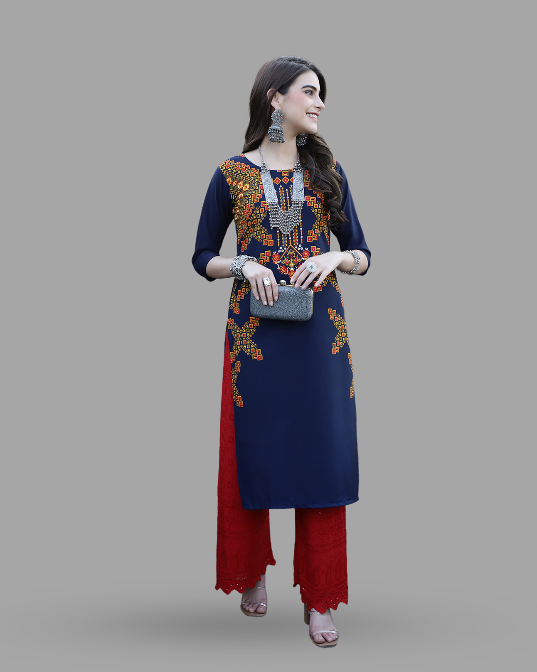 Navy Blue Printed Kurta 