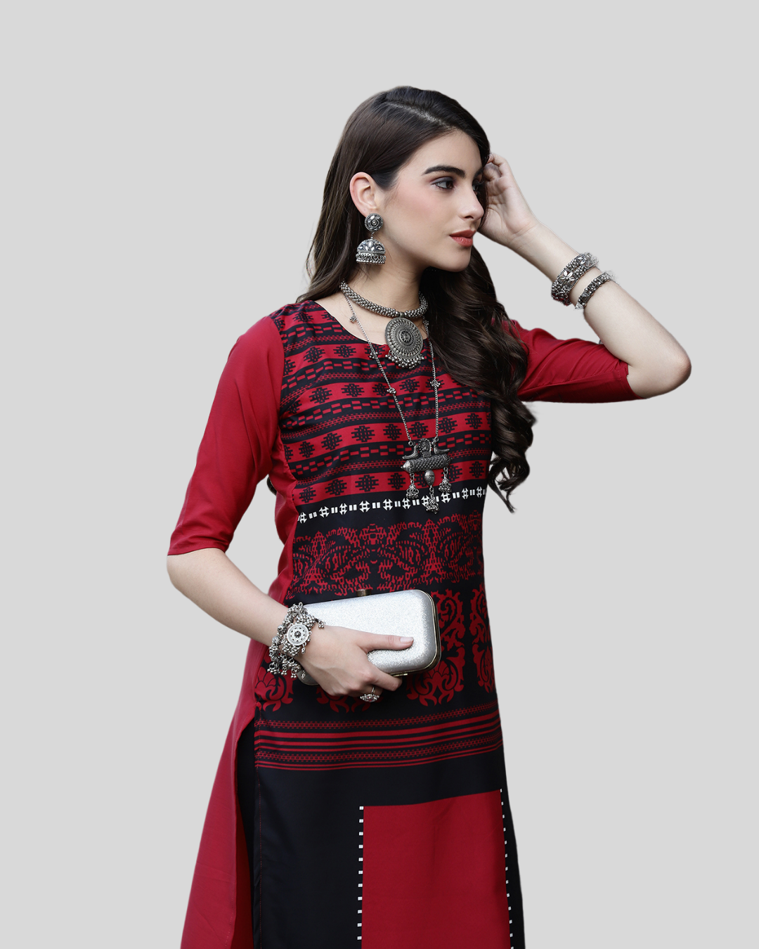 Deep Red and Graphite Printed Kurta 